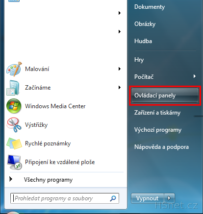 Start menu - Ovládací panely